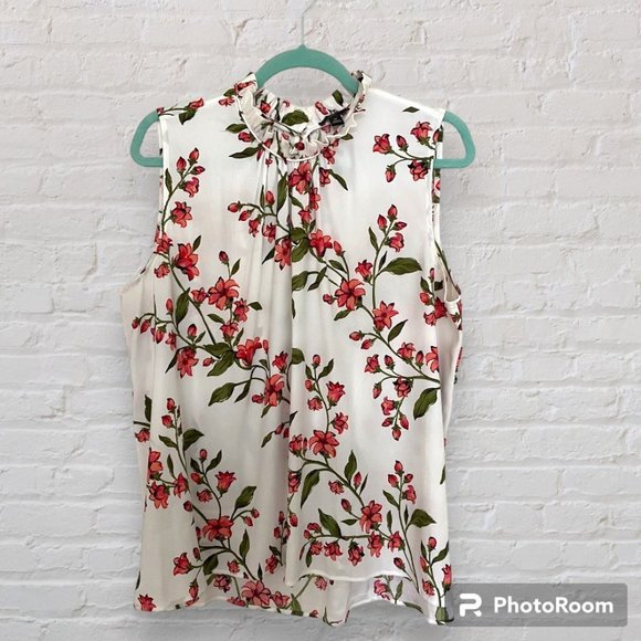 Ann Taylor Petite High-Collar Neck Sleeveless Blouse Pink Floral Print Sz XLP - Picture 1 of 4